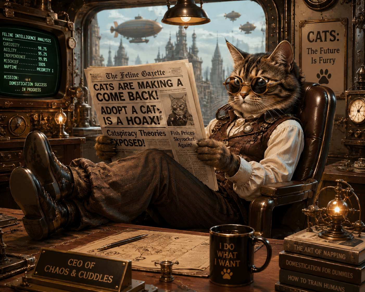 A cat in a coat and hat reading a newspaper — the morning briefing before a neighborhood roam