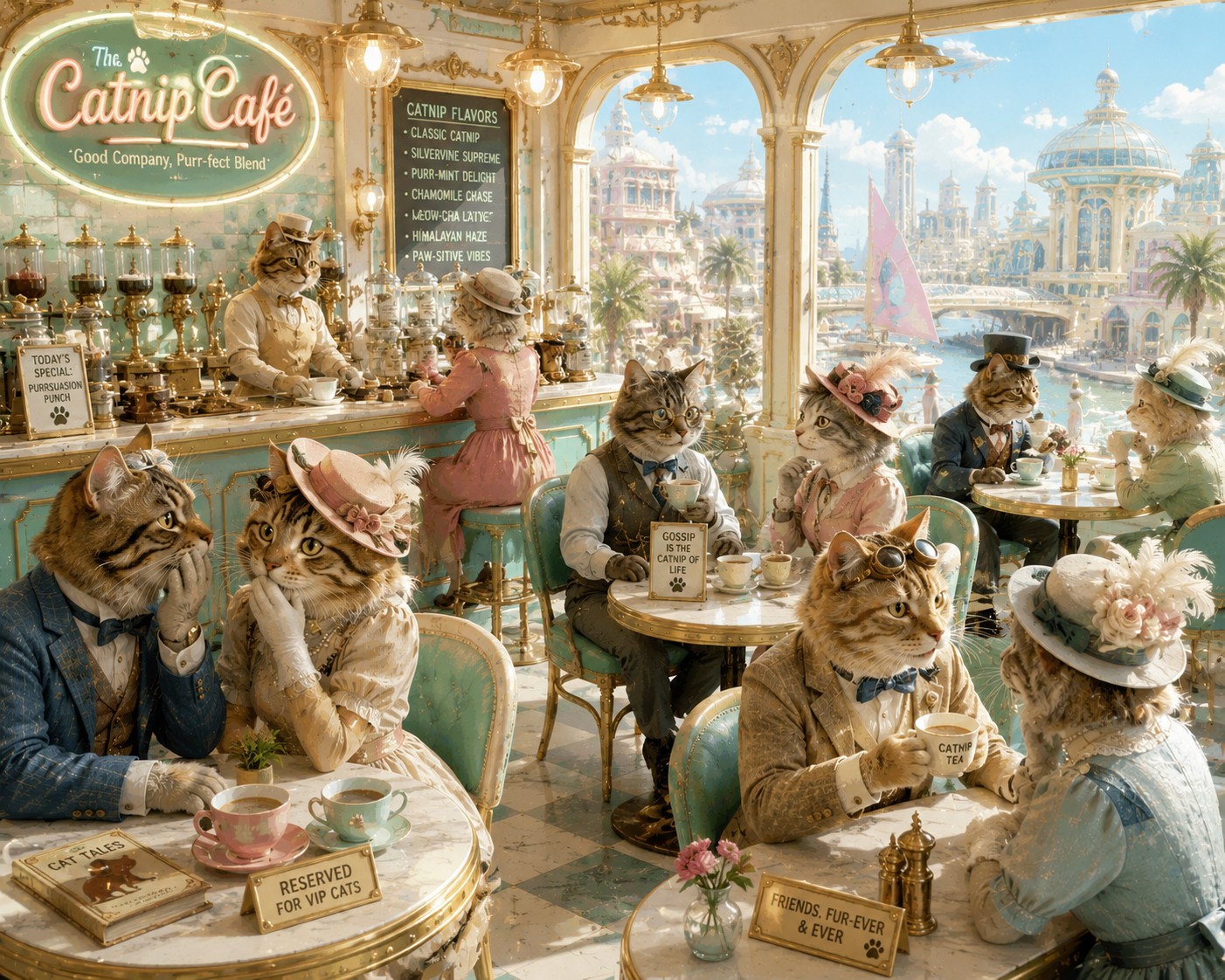 The Catnip Café — cats gathered outside a neighborhood café at night